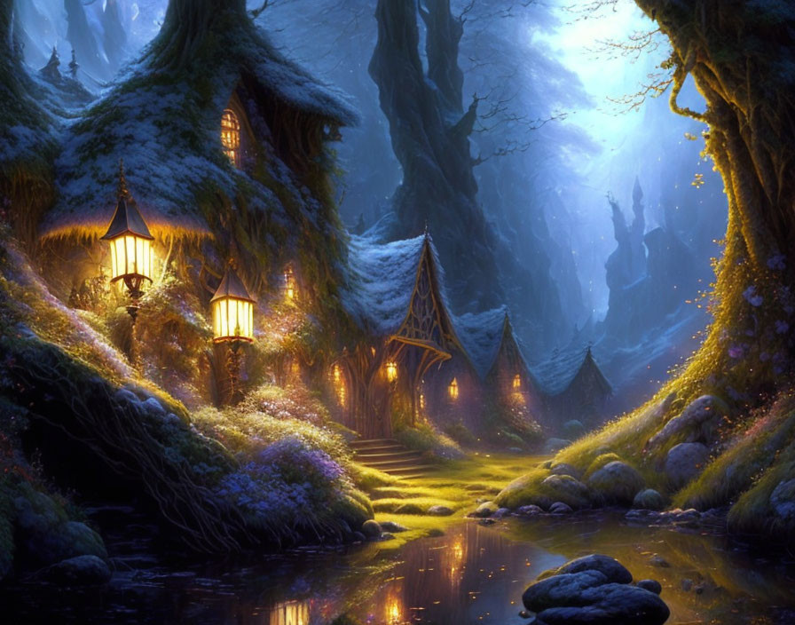 Nighttime forest scene with illuminated lanterns and cozy cottage amid purple flora and serene water