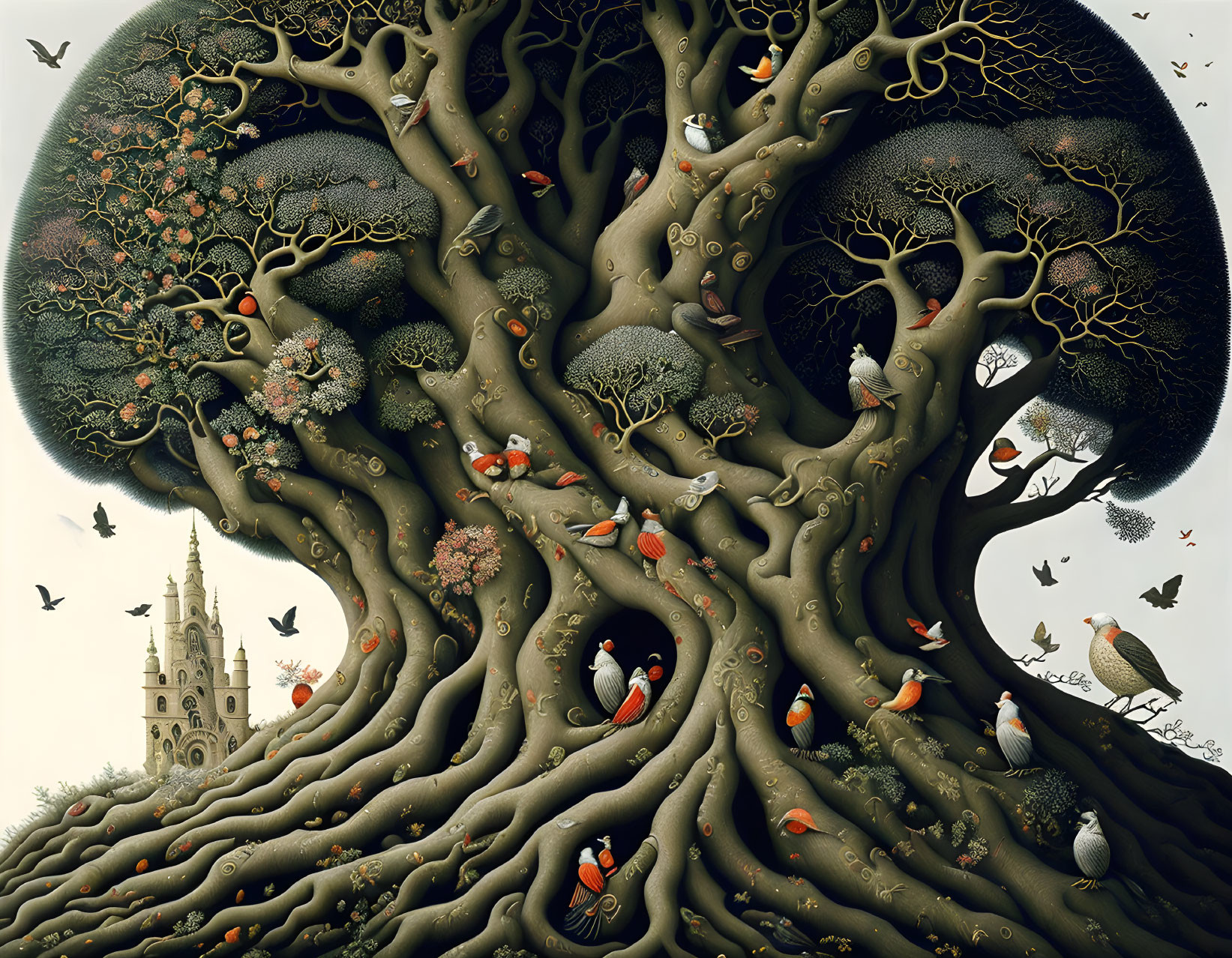 Detailed illustration of fantastical trees, birds, insects, flora, and gothic tower