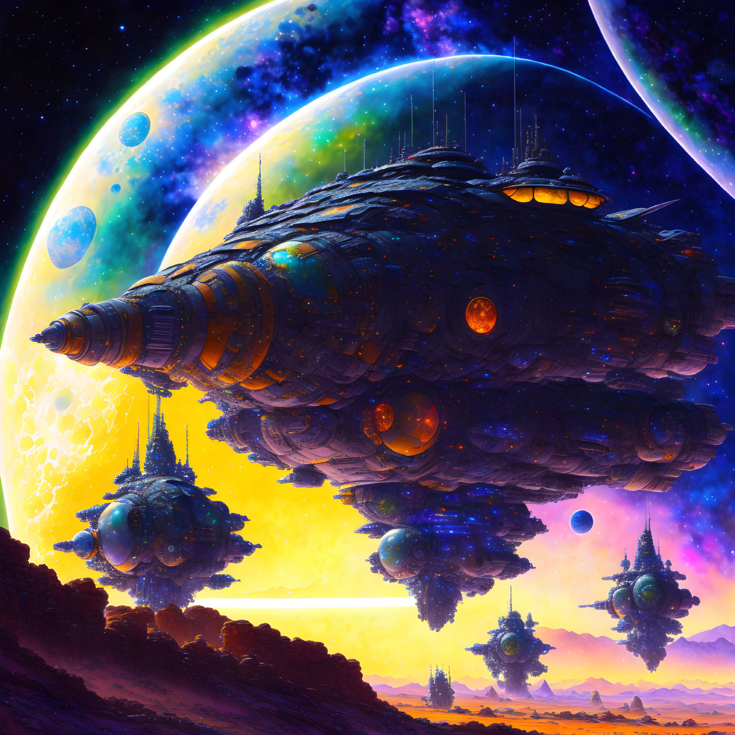 Futuristic spaceships on alien planet with purple sky