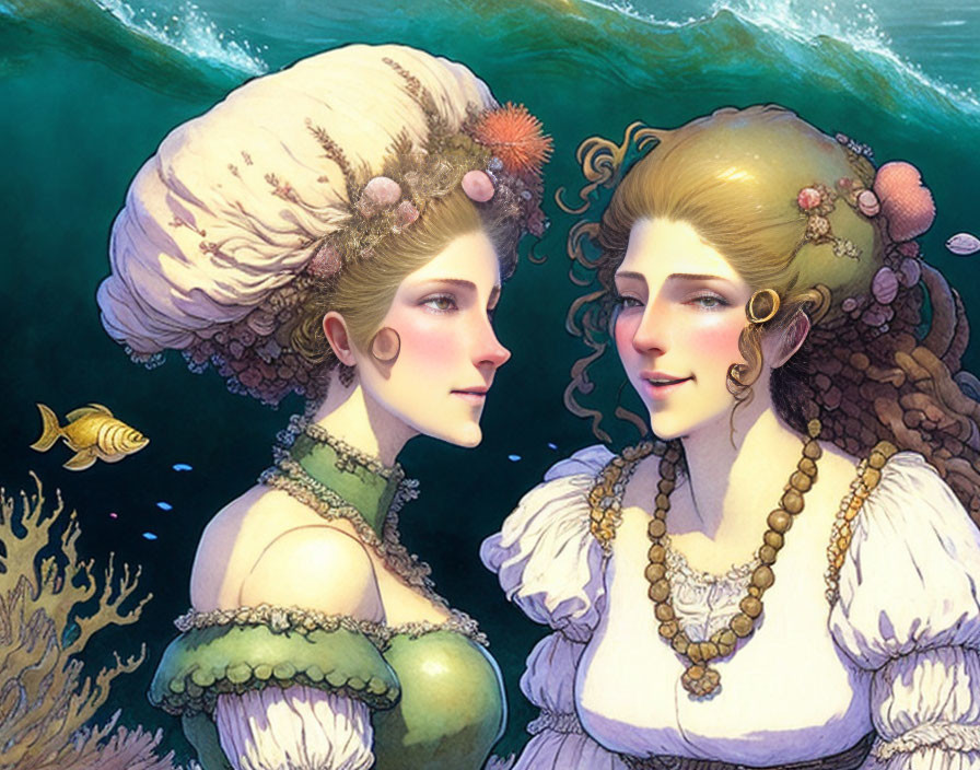Illustrated women with elaborate hairstyles in period clothing underwater with a small fish