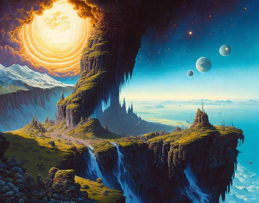 Fantastical landscape featuring towering waterfall, floating islands, multiple moons, vivid sun, ocean, and