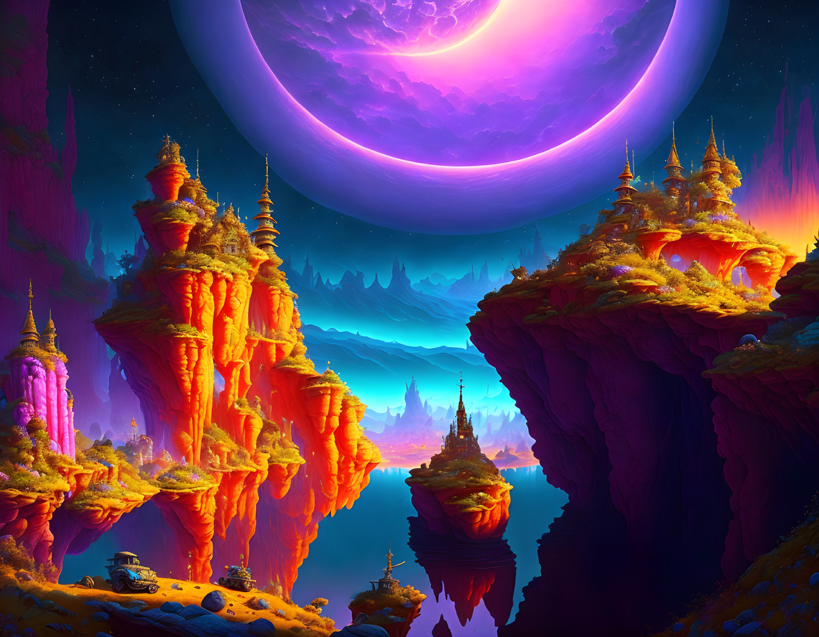 Colorful fantasy landscape with rock formations, reflective water, and purple planet