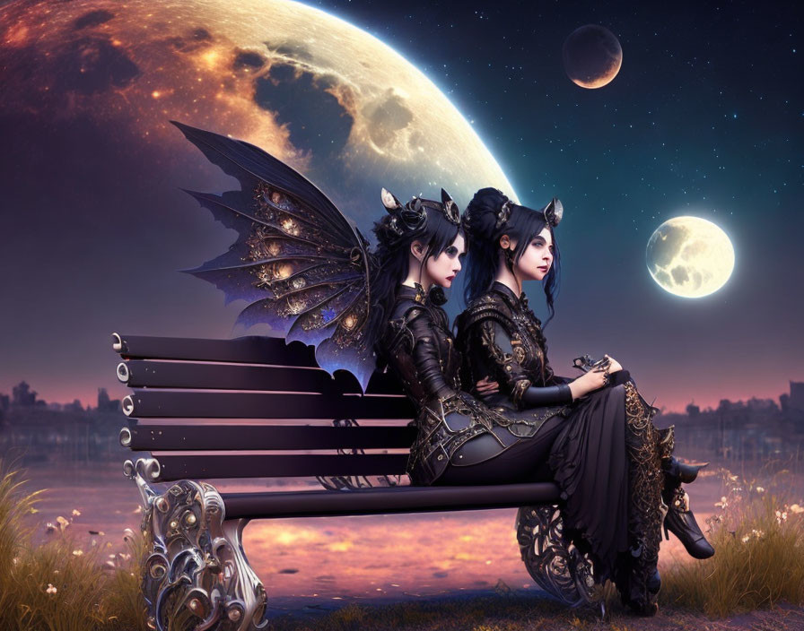 Fantasy characters with dark angel wings on bench under night sky.