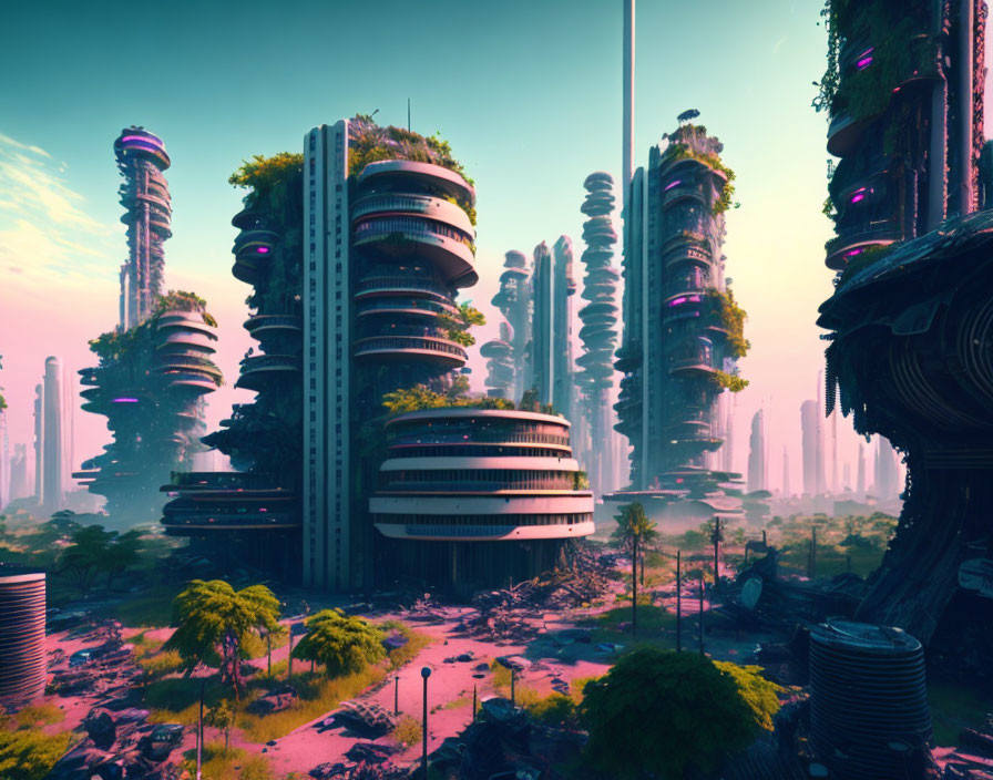 Futuristic cityscape with terraced skyscrapers and lush greenery