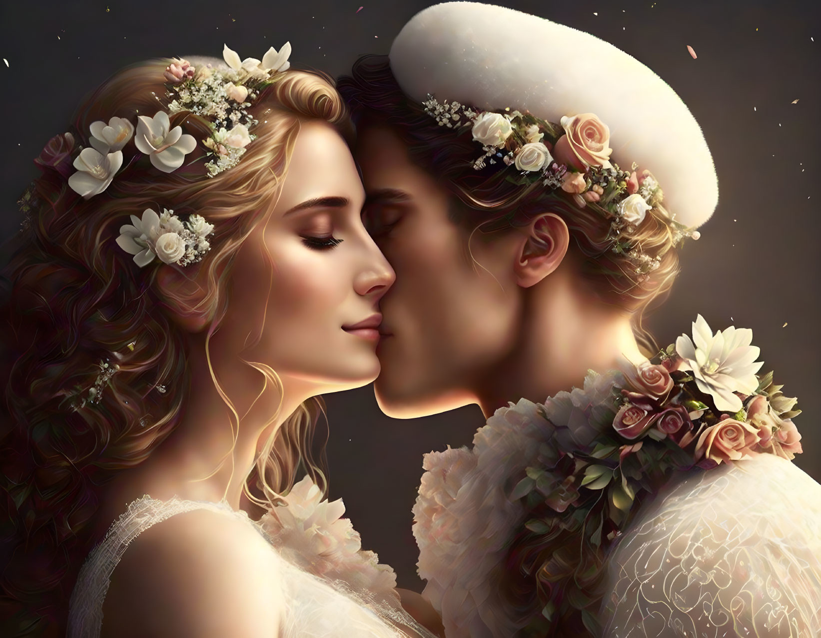 Illustrated couple with floral adornments sharing a romantic kiss on a dark background