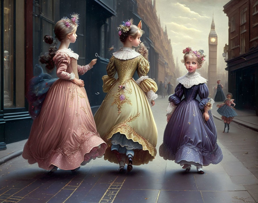 Elegantly Dressed Young Girls Stroll in 19th-Century City Street