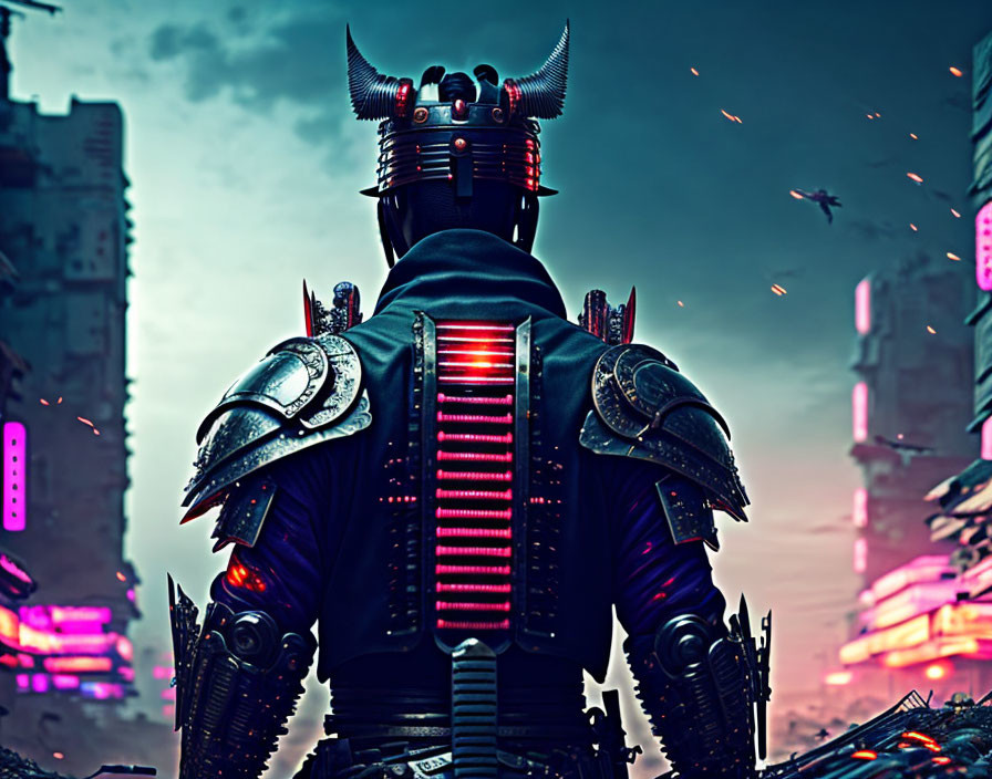 Futuristic samurai in neon-lit cyberpunk cityscape