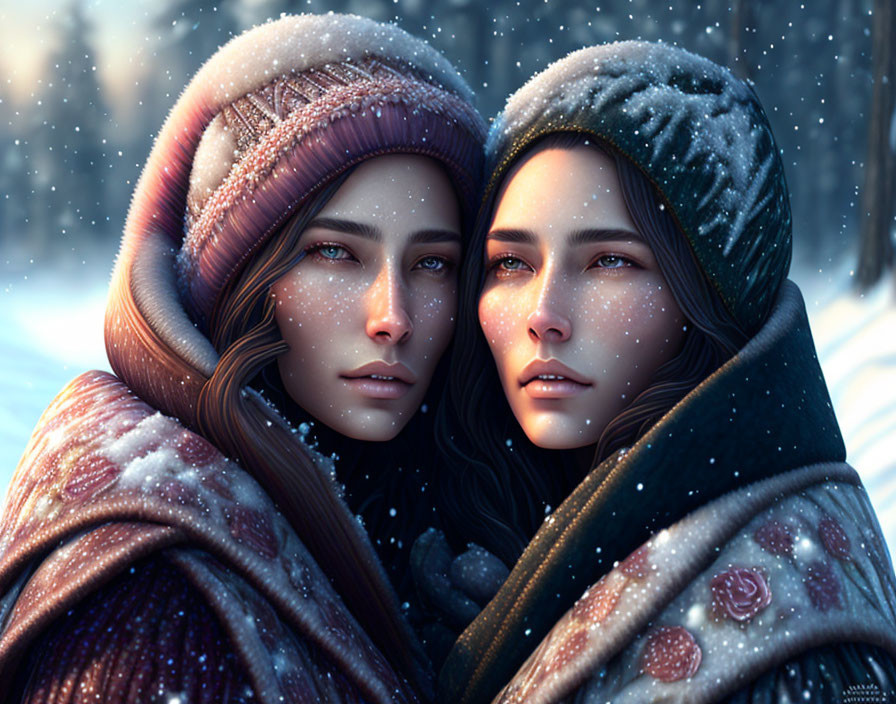 Two people in blanket with snowflakes, snowy forest background