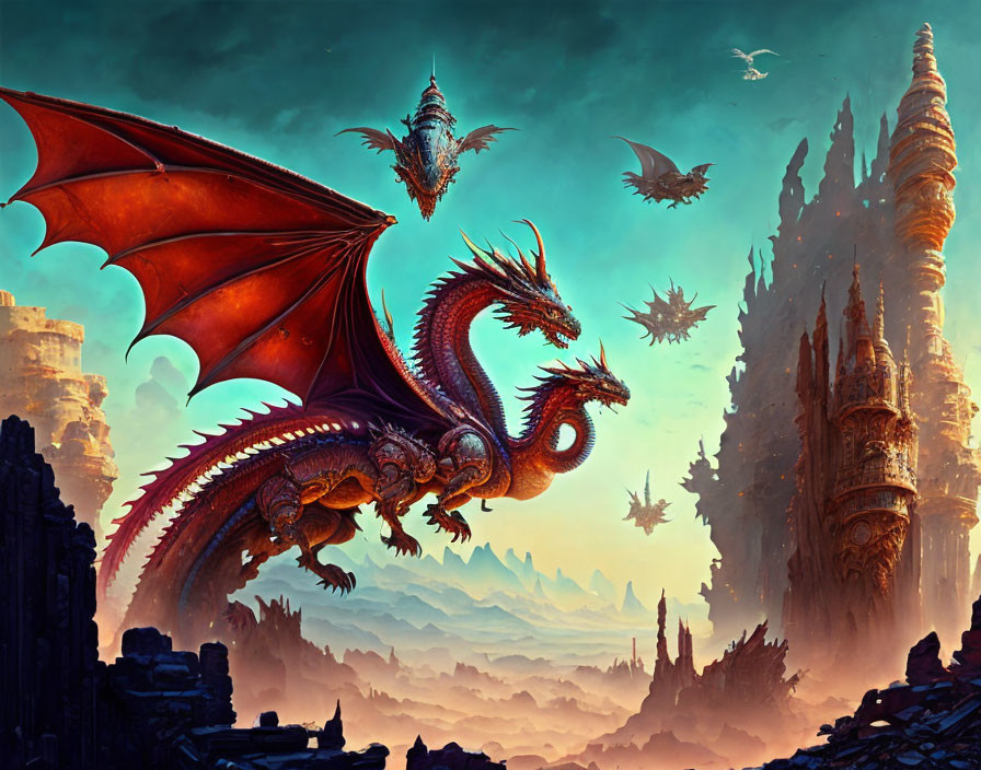 Majestic dragons near towering spires under a dusky sky