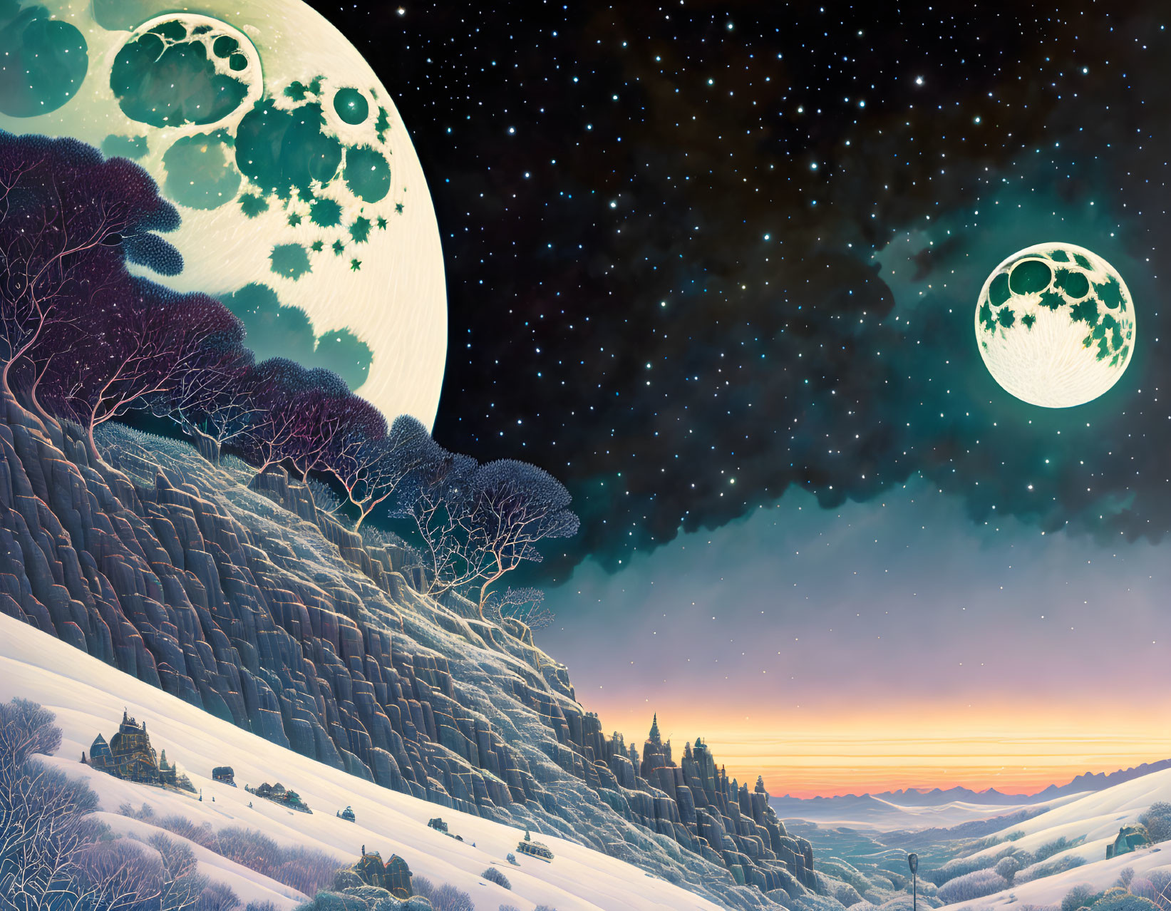 Surreal snowy hillside with oversized moons and distant sunrise/sunset