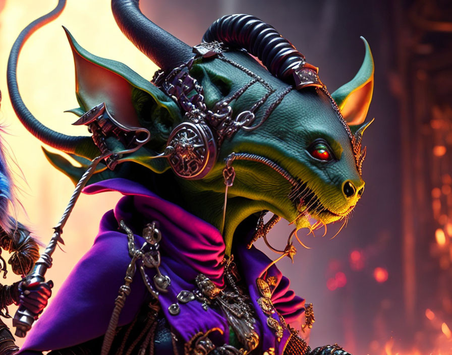 Fantasy art of green bat-like creature in purple cloak & jewelry