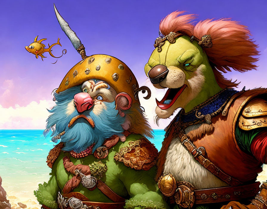 Fantasy illustration: Armored dwarf and lion warrior by beach with flying fish.