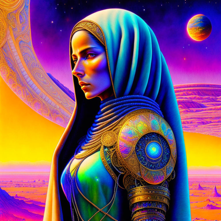 Vibrant illustration of woman in hijab with cosmic backdrop