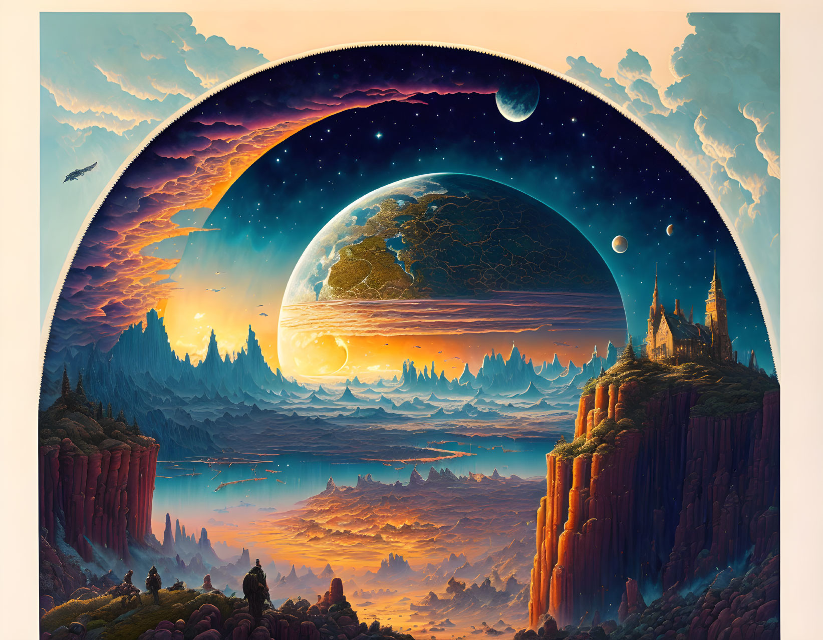 Fantastical landscape with rising planet, castles, and colorful rock formations