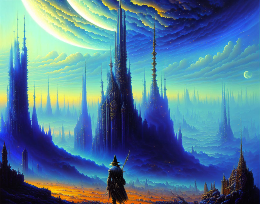 Fantastical landscape with towering spires and surreal blue skies