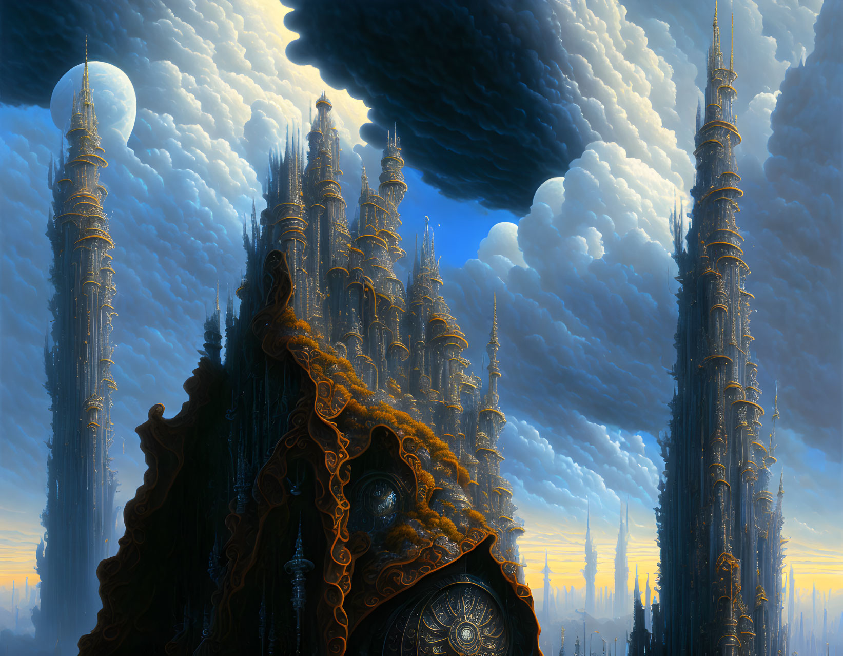 Fantastical cityscape with spire-like structures under crescent moon