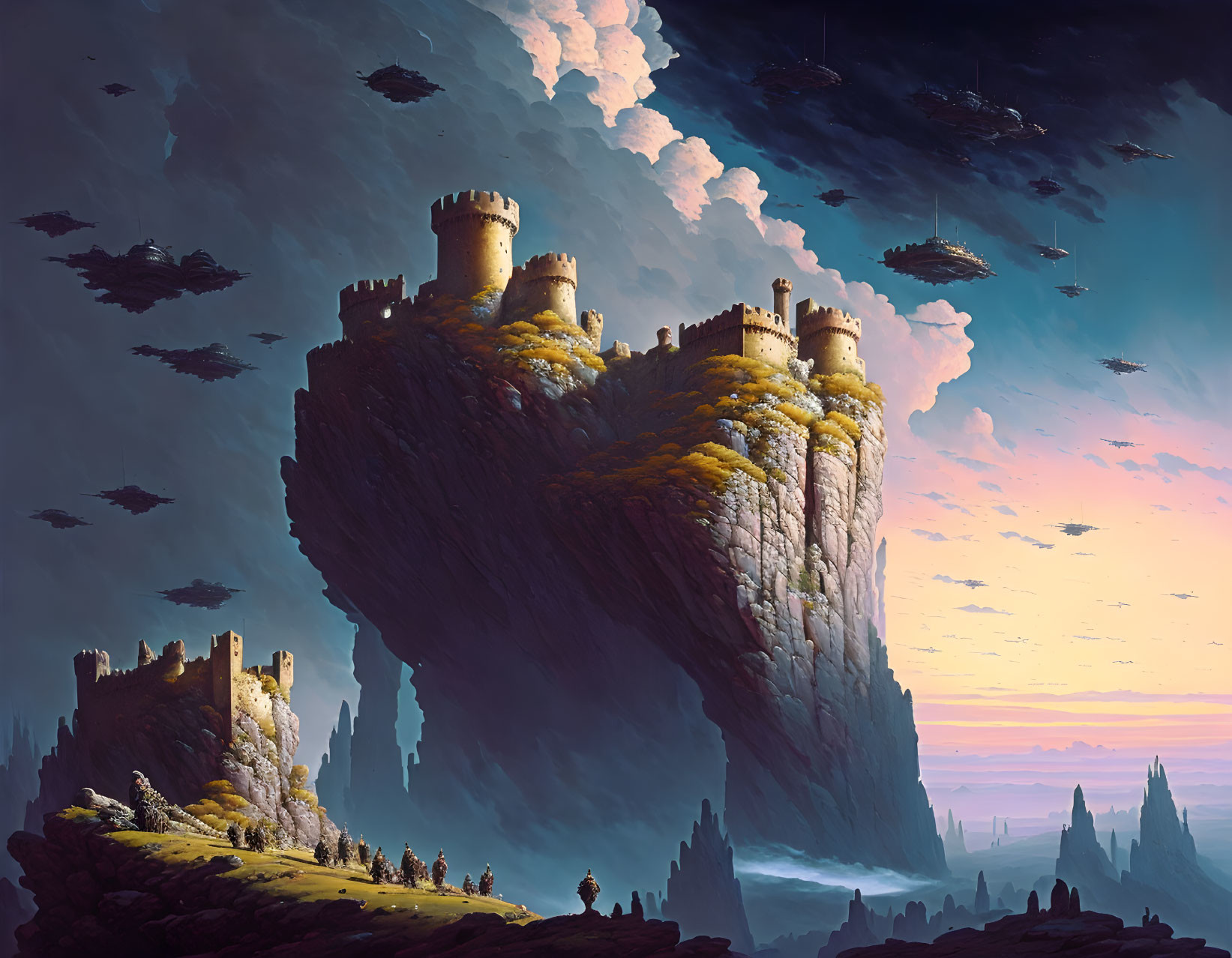 Castle on Cliff with Futuristic Ships in Medieval-Sci-Fi Fusion