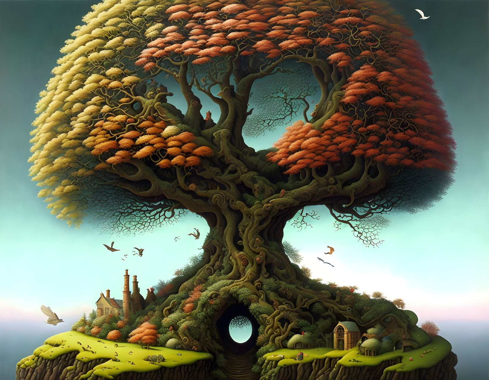 Fantasy artwork: Large autumn tree, circular void, birds, small houses