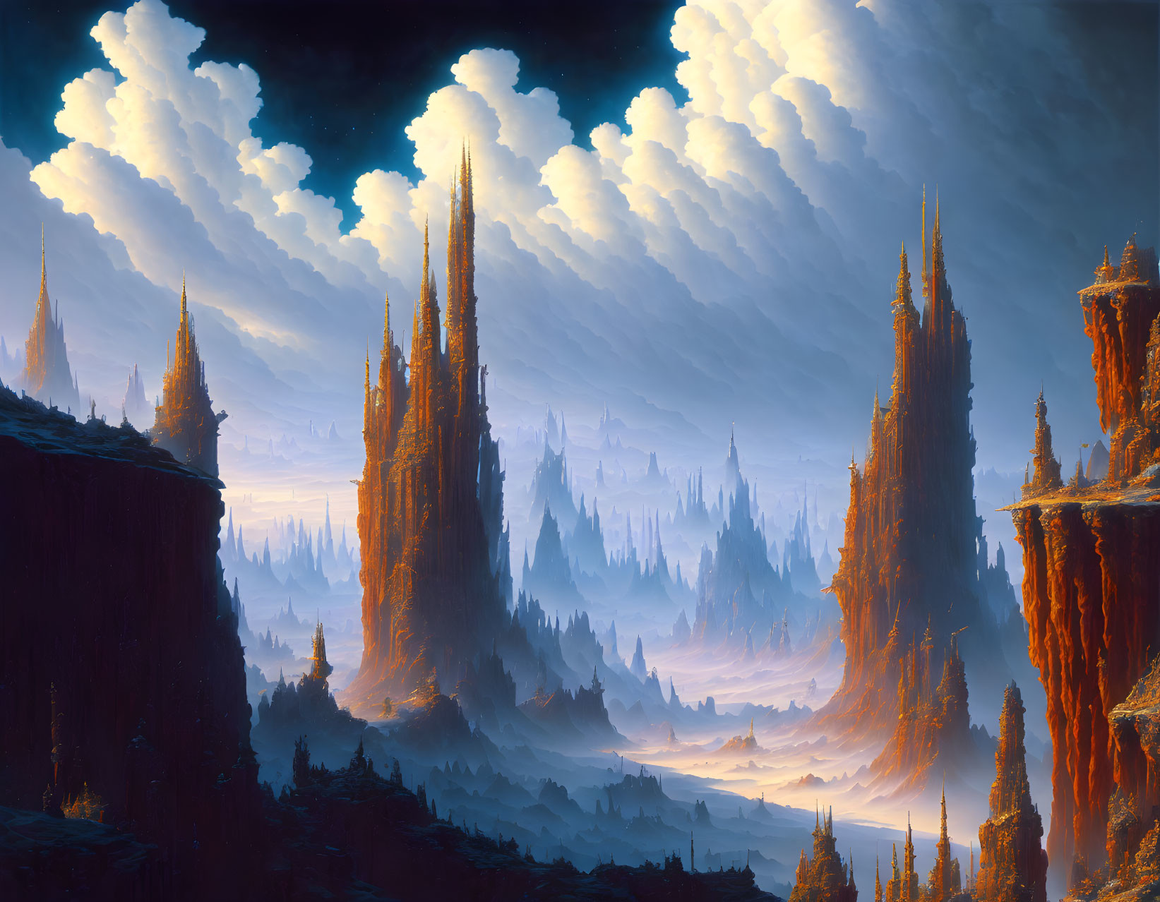 Majestic fantasy landscape with towering spires and dramatic clouds