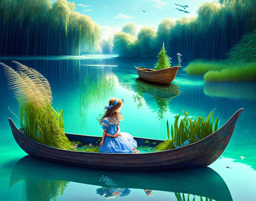 Girl in Blue Dress Sitting in Wooden Boat on Serene Lake