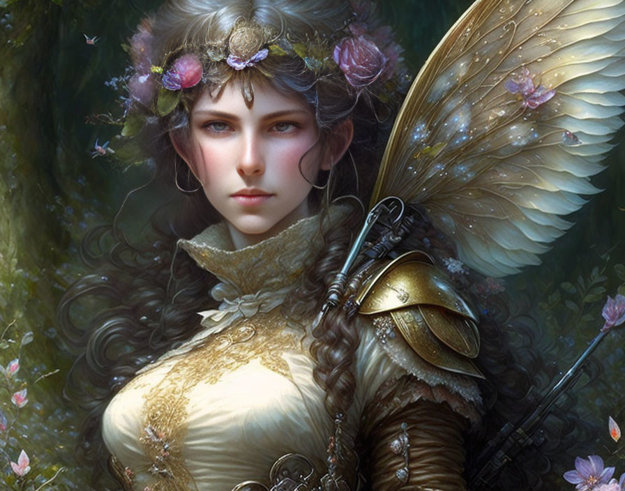 Female warrior with wings and floral crown in ornate armor against nature backdrop