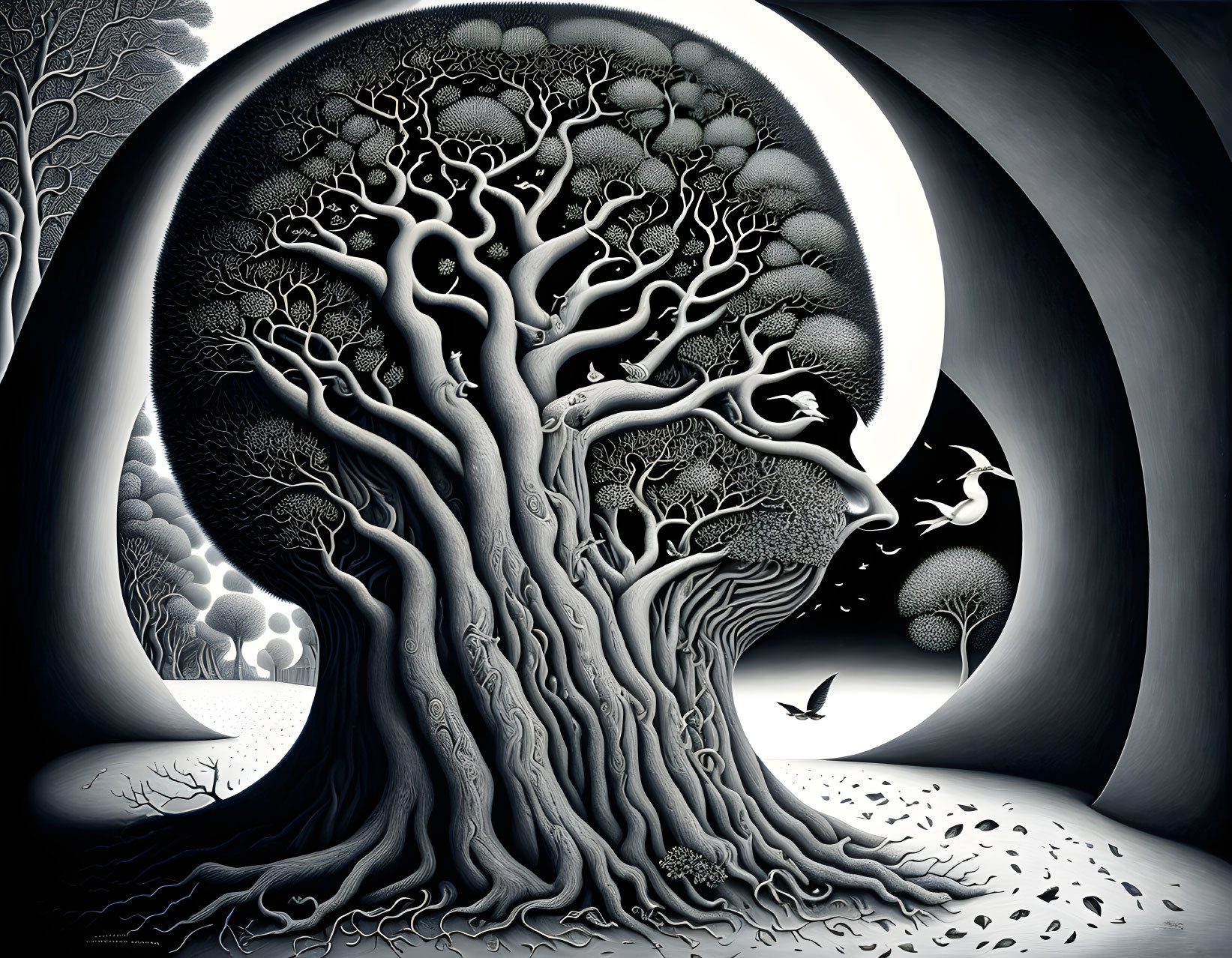 Surreal monochromatic artwork: intricate tree with circular patterns under moonlit sky.