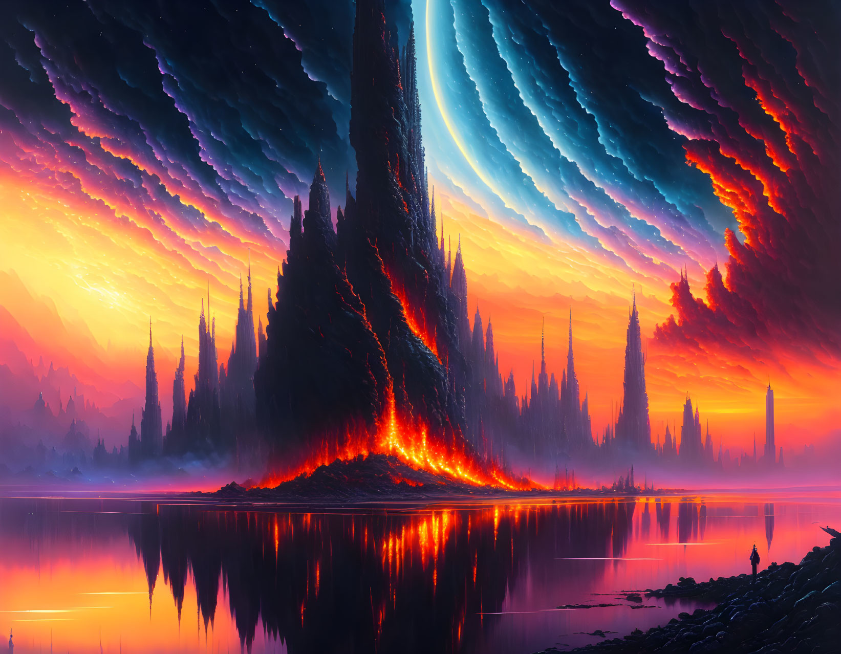 Surreal landscape digital artwork with spire, fiery hues, forest silhouette, reflective water, and