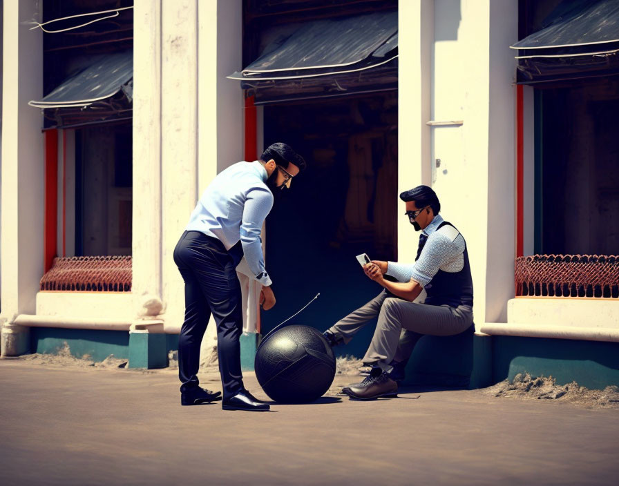 Businessmen in blindfolds interact with globe on sunny street