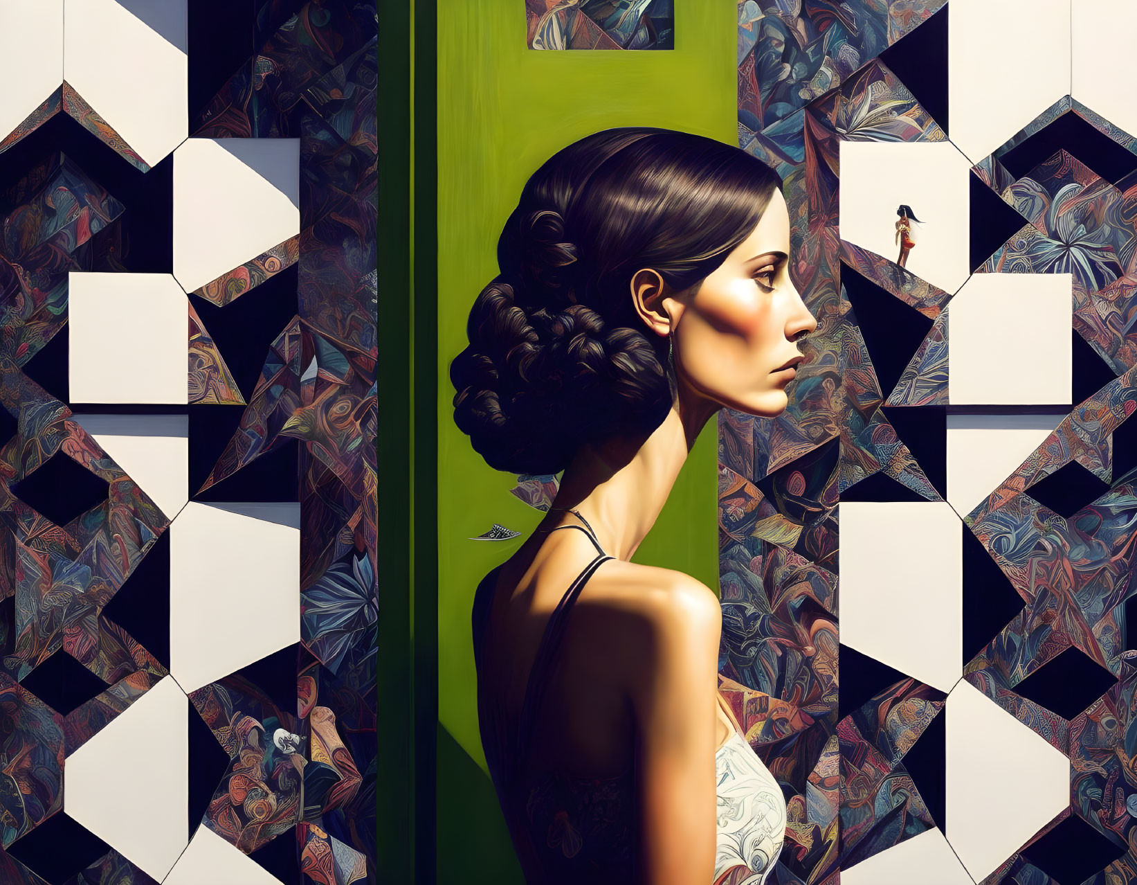 Intricate hairstyle woman in geometric abstract backdrop