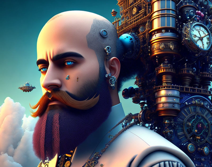 Bald Man with Mechanical Headpiece in Steampunk Setting