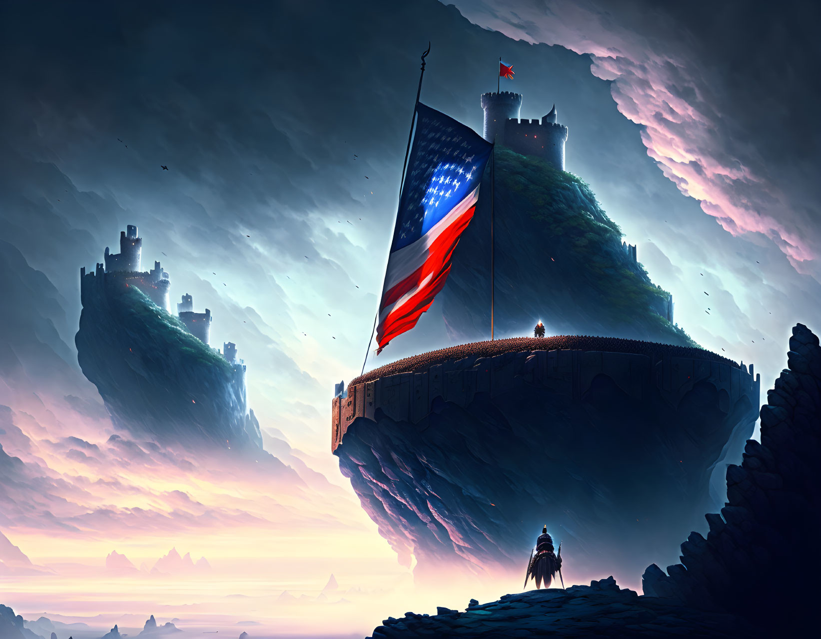 Knight gazing at castle with American flag under dusky sky and floating fortresses in mystic landscape