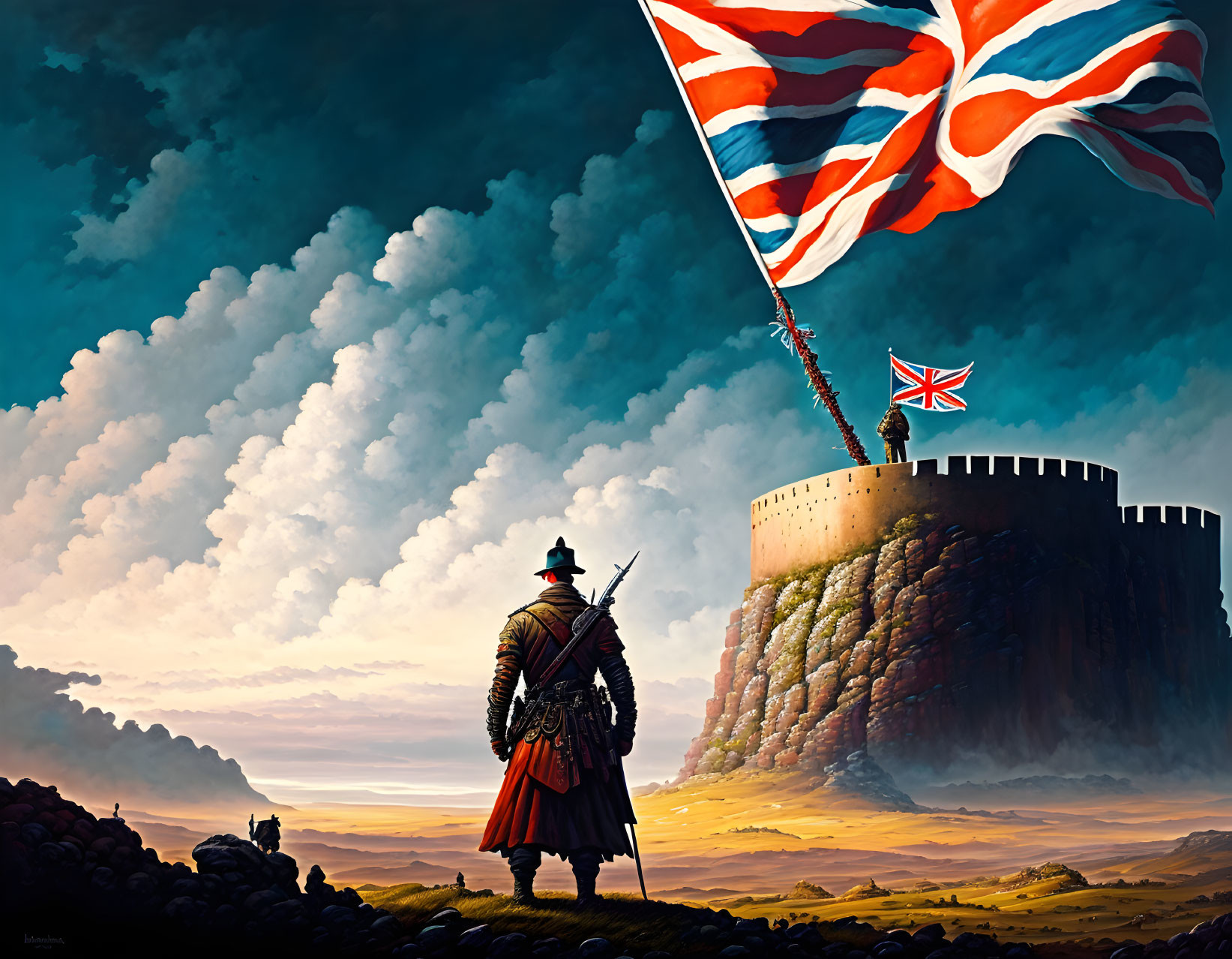 Historical warrior in armor at hilltop castle with British flag and dramatic sky