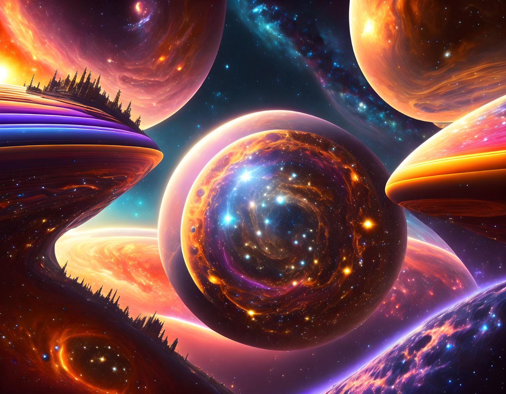 Colorful cosmic scene with planets and galaxy in blues, purples, oranges, and reds