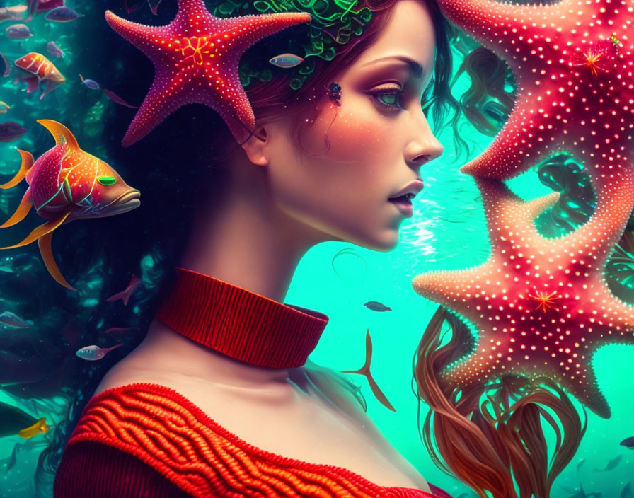 Woman with Sea-Inspired Makeup Surrounded by Marine Life