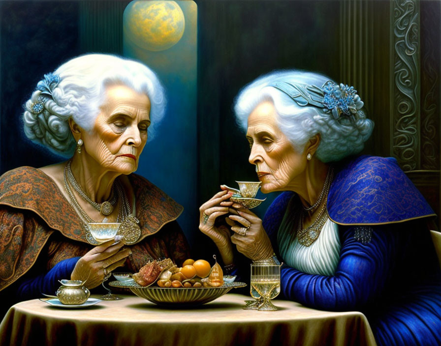 Elderly women with elegant hairstyles dining under a full moon