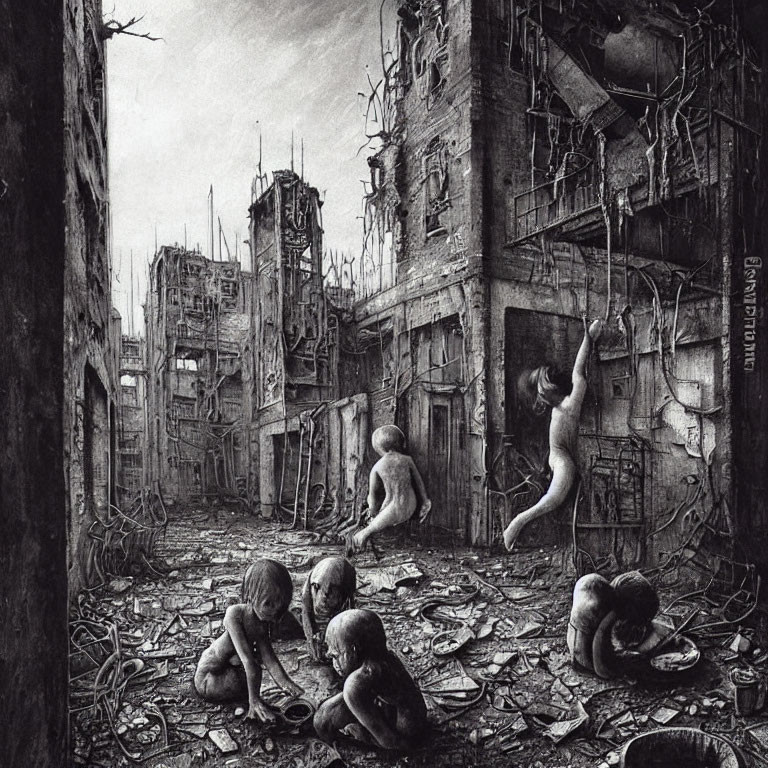 Monochromatic dystopian illustration with surreal figures and decrepit buildings