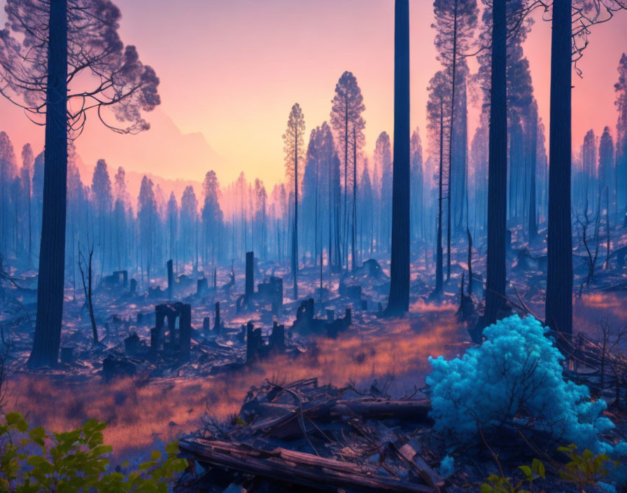 Forest After Wildfire: Burnt Trees and Blue Bush in Purple and Orange Sky