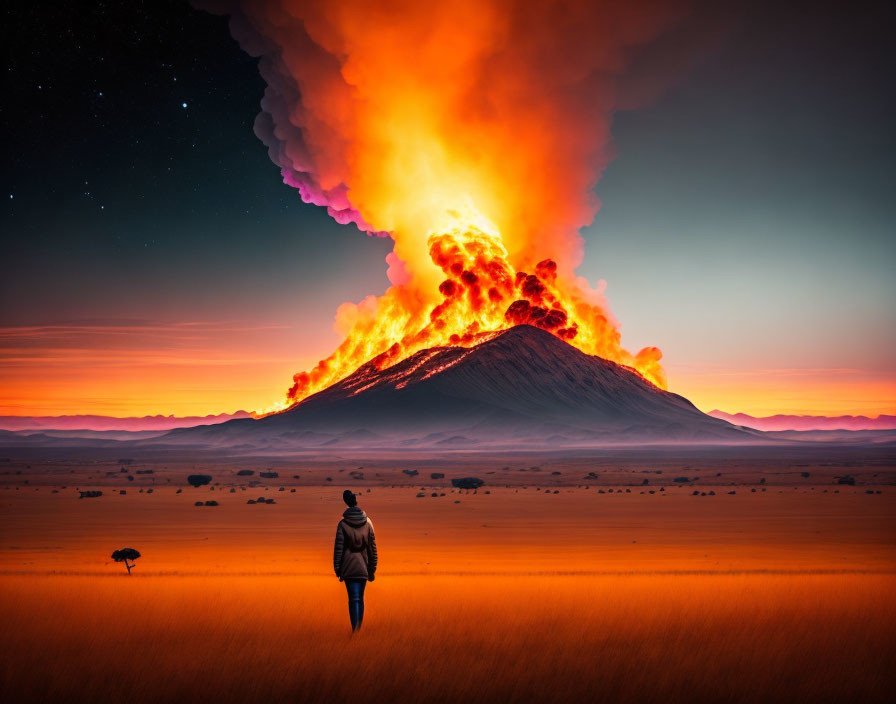 Person witnessing volcanic eruption in desert at dusk