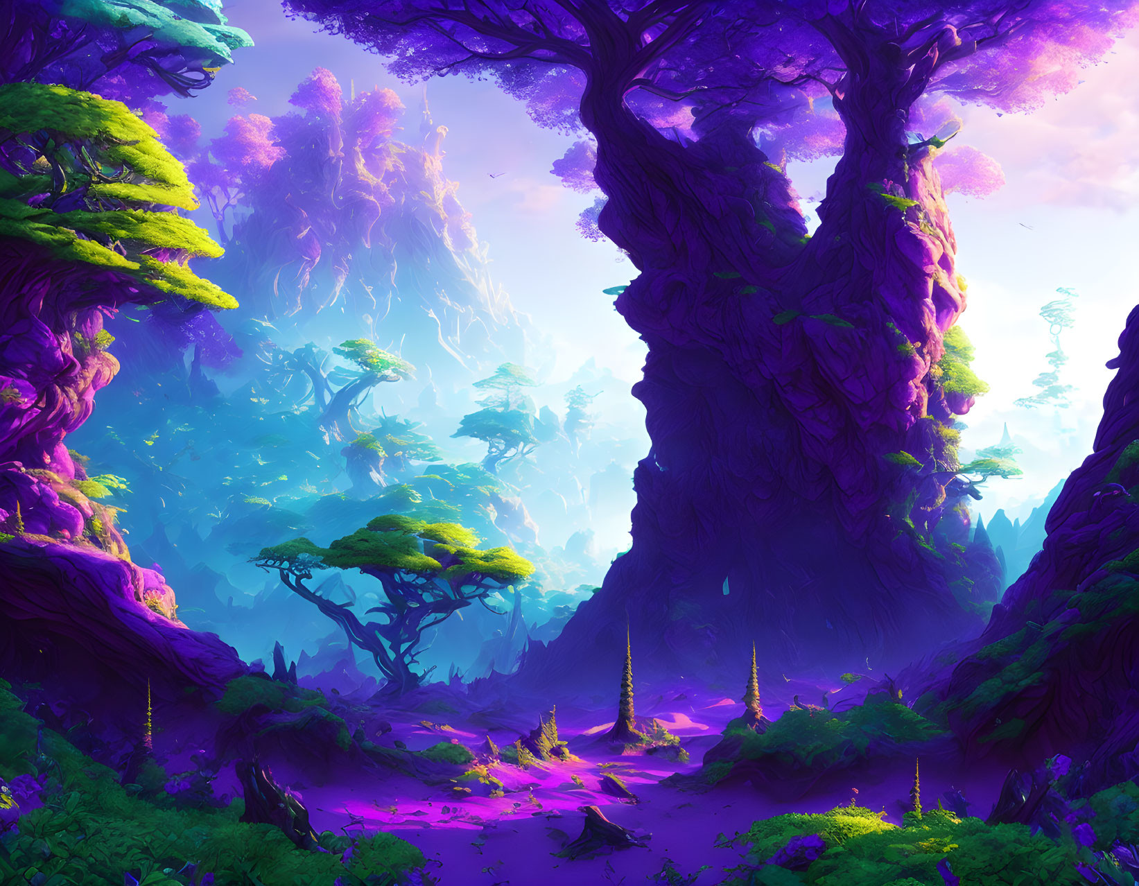 Vibrant fantasy forest with towering purple trees and mystical purple ground