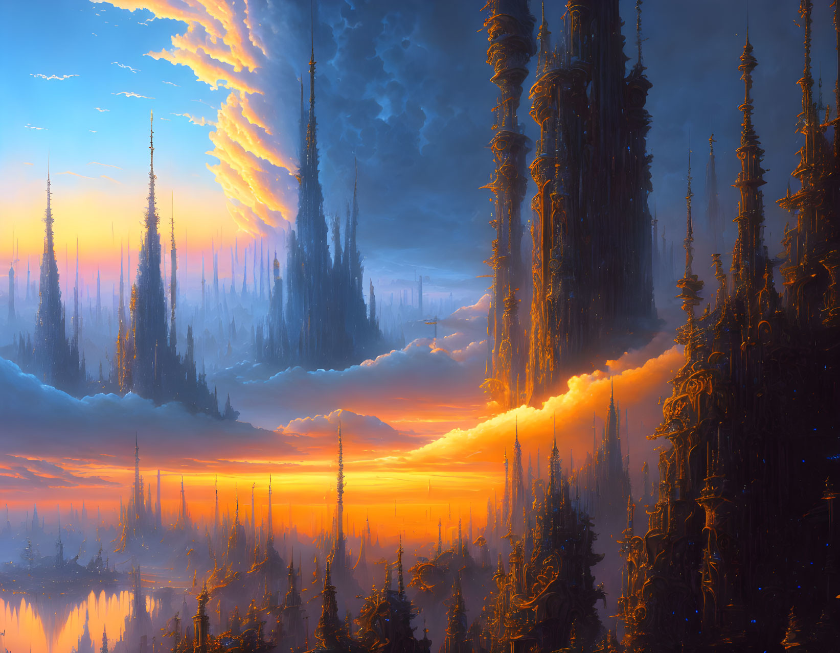 Majestic fantasy landscape with towering spires at vibrant sunset