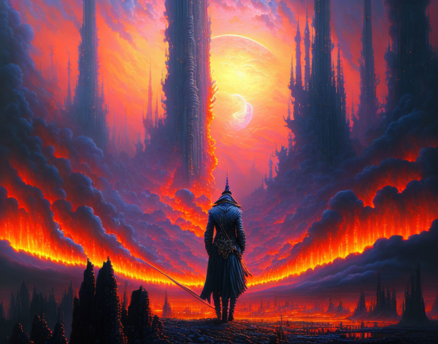 Armored figure in surreal landscape with spires, lava, and red sun