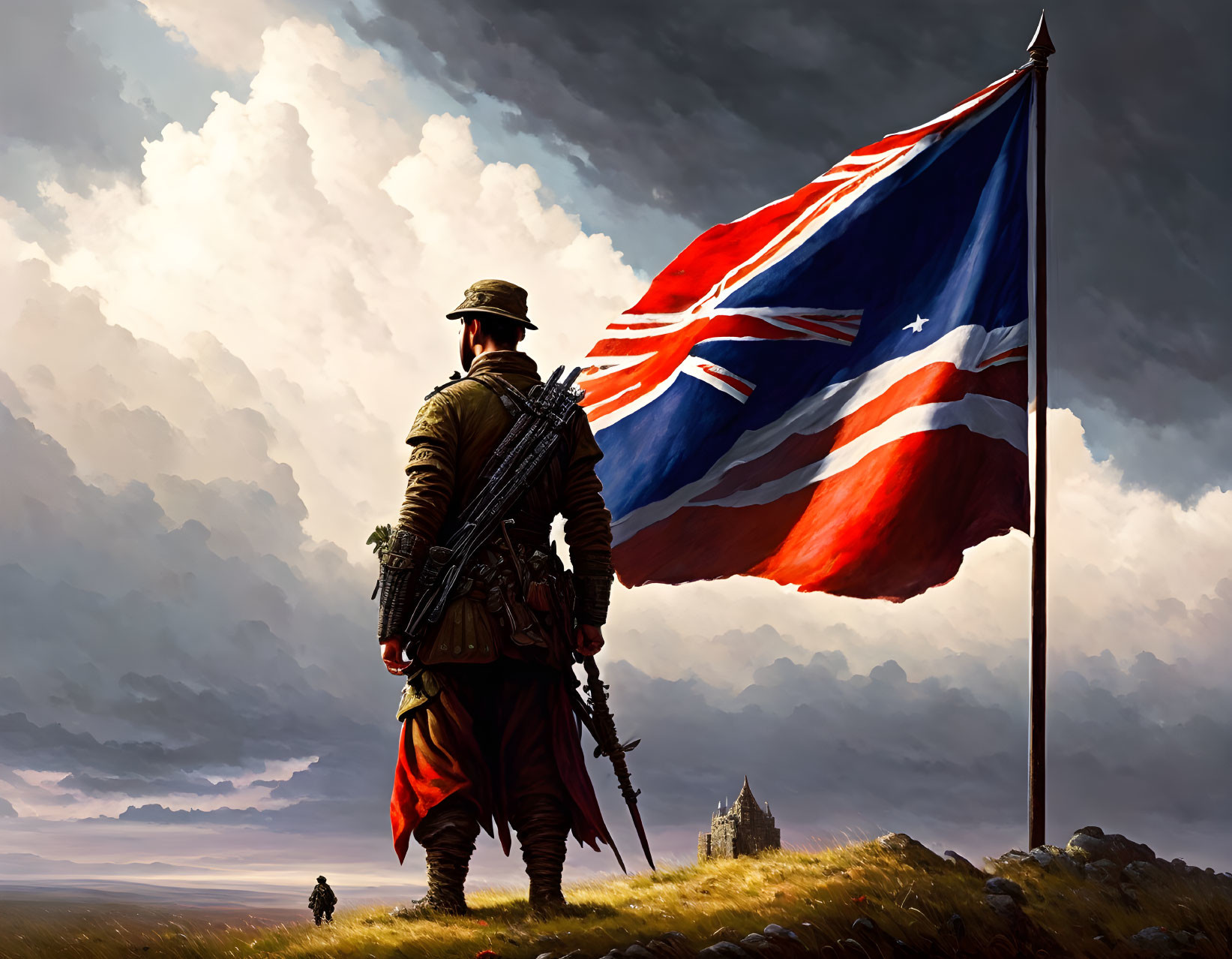 Soldier with rifle looking at large flag under dramatic sky