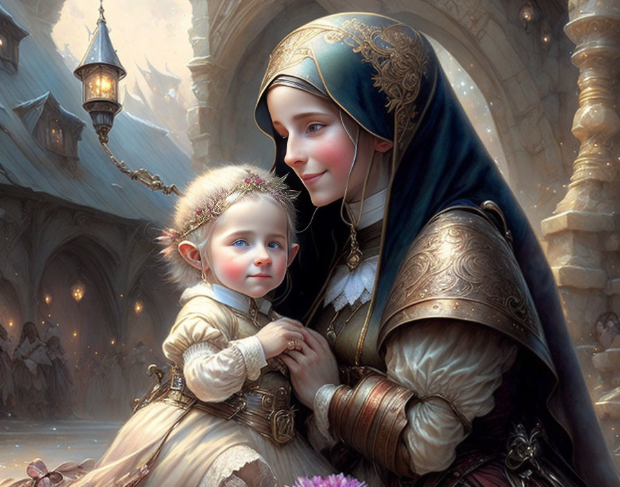 Medieval-themed digital painting of woman with child in serene setting