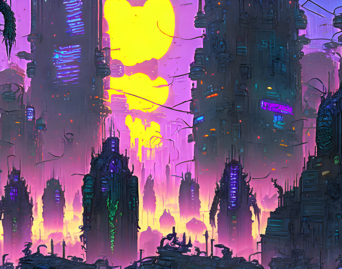 Futuristic cityscape with skyscrapers, neon signs, and silhouette.