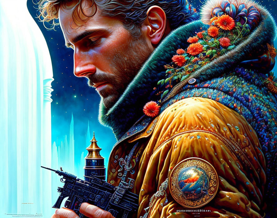 Detailed illustration of bearded man in ornate outfit with icy background