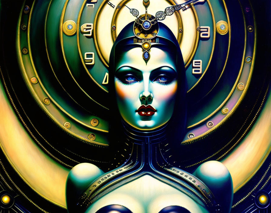 Digital artwork featuring humanoid female figure with clock face headdress in concentric circles.