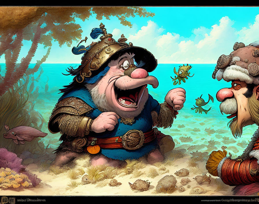 Cartoon-style underwater dwarves surrounded by fish in vibrant undersea scene