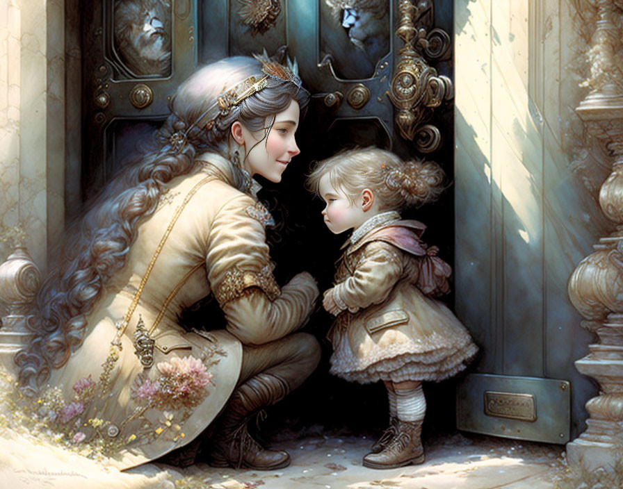 Historical woman in ornate clothing kneeling to child at door.