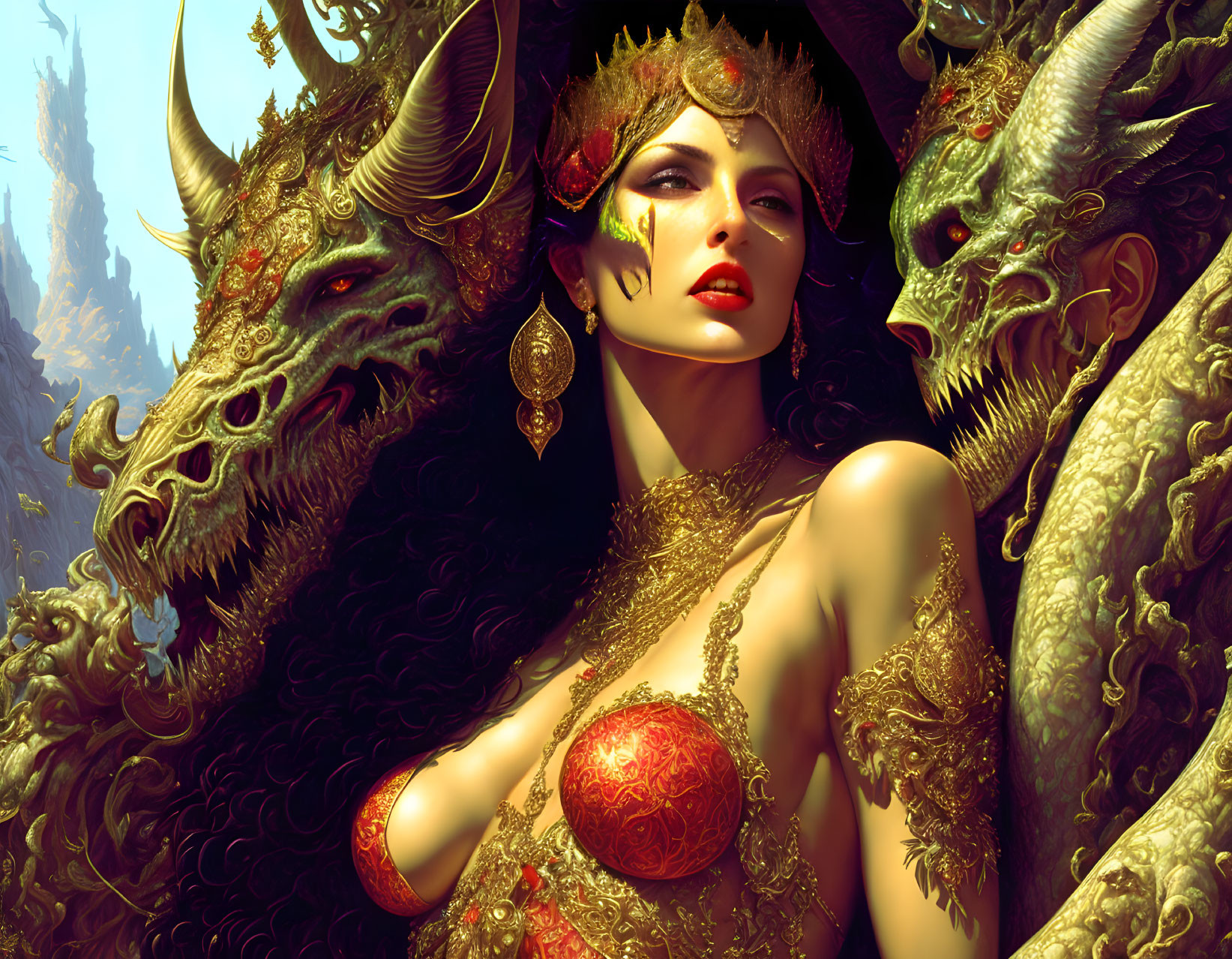 Fantasy-themed artwork featuring majestic woman, crown, and golden horned beasts