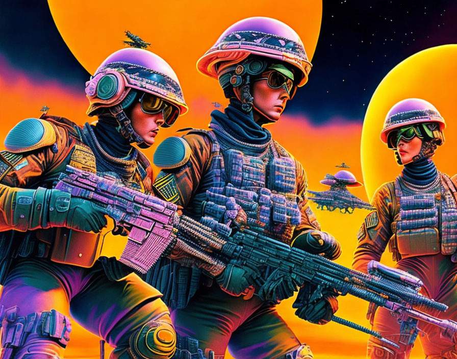 Three futuristic soldiers in stylized armor against vibrant sunset with moon and spaceships